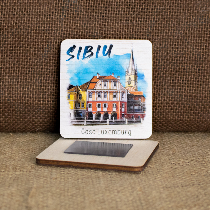 Magnet de frigider din lemn, acuarela, Casa Luxemburg, Sibiu [2]
