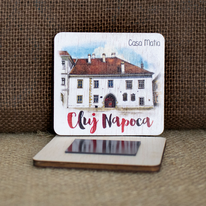 Magnet De Frigider din lemn, acuarela, “Casa Matia Corvin” Cluj Napoca [2]