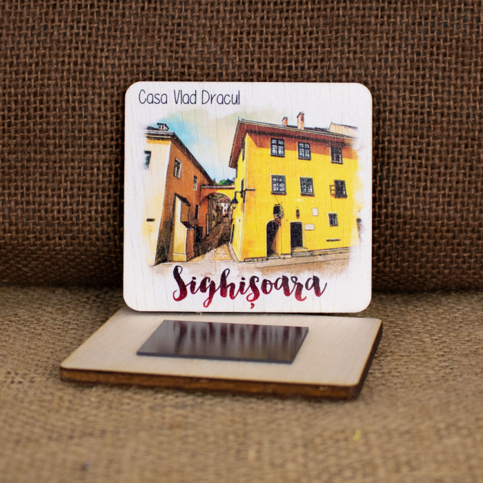 Magnet de frigider din lemn, acuarela, "Casa Vlad Dracul, Sighisoara" [2]