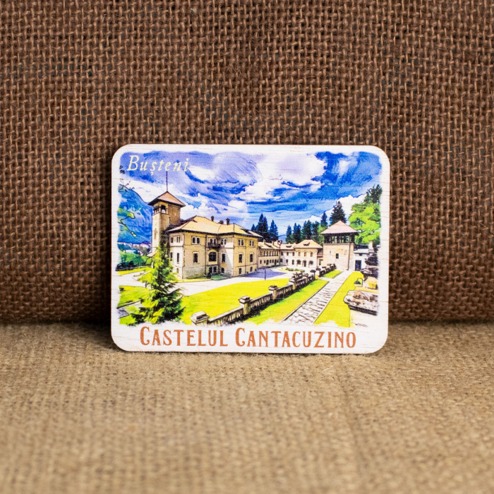 Magnet de frigider din lemn, acuarela, Castelul Cantacuzino, Busteni [1]