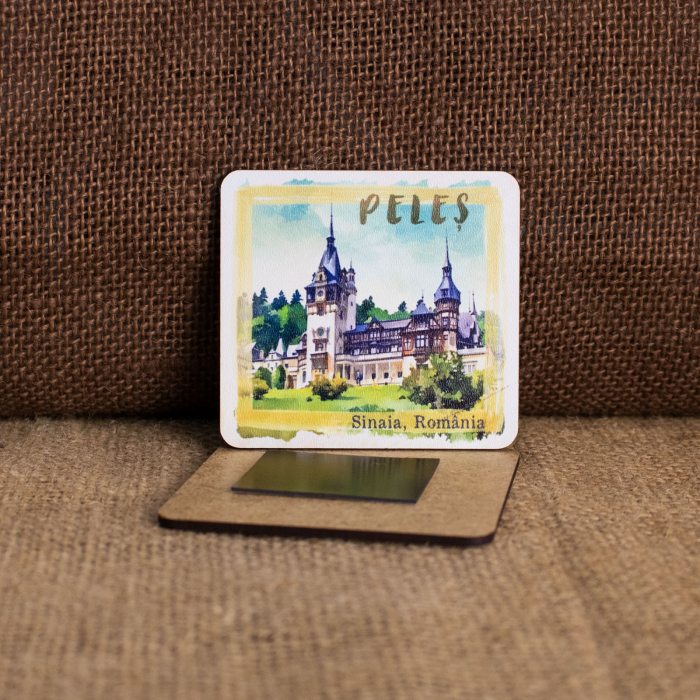 Magnet de frigider din lemn, acuarela, Castelul Peles, Sinaia [2]