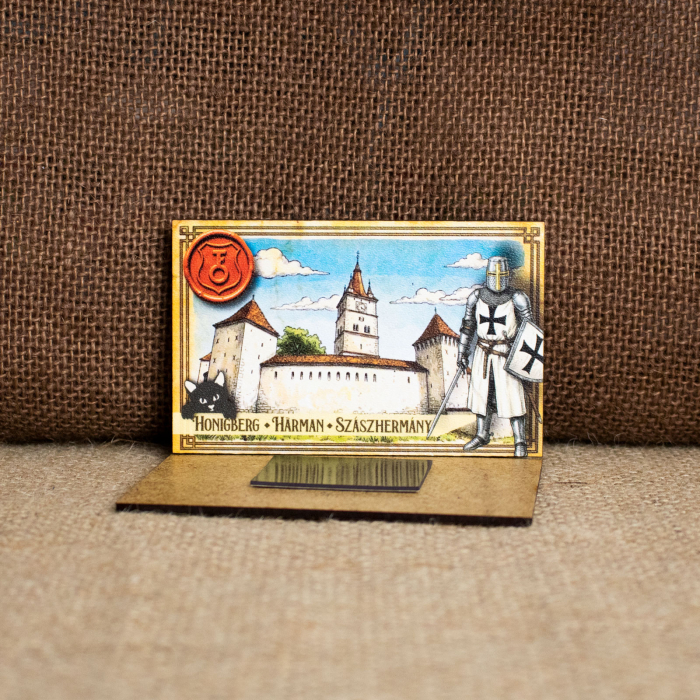 Magnet de frigider din lemn, acuarela, Cavaler Teuton - Biserica Evanghelica Fortificata, Harman [2]