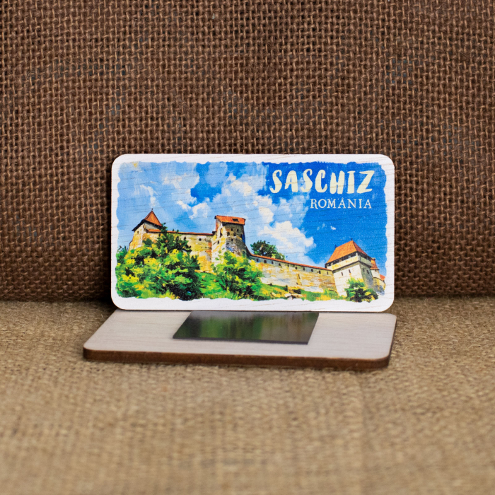 Magnet de frigider din lemn, acuarela, Cetatea Taraneasca din Saschiz, Mures [2]