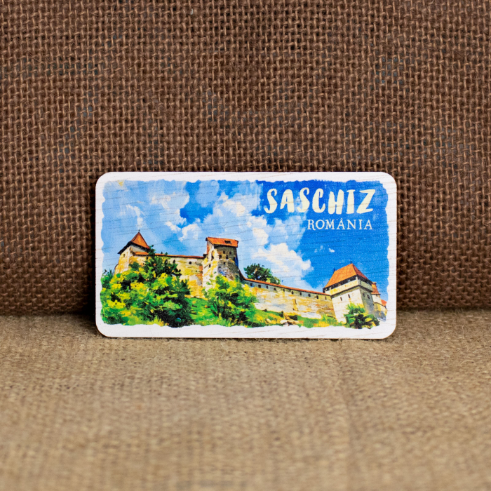 Magnet de frigider din lemn, acuarela, Cetatea Taraneasca din Saschiz, Mures [1]