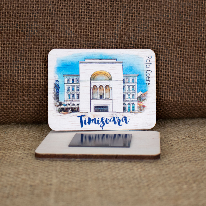 Magnet de frigider din lemn, acuarela, "Palatul Culturii Timisoara (Cladirea Operei)" [2]