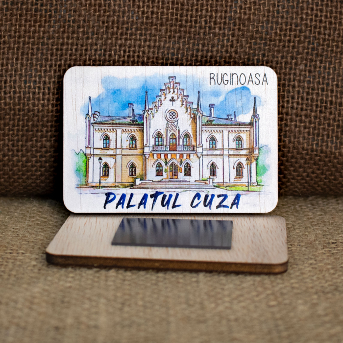 Magnet de frigider din lemn, acuarela, Palatul Cuza de la Ruginoasa [2]