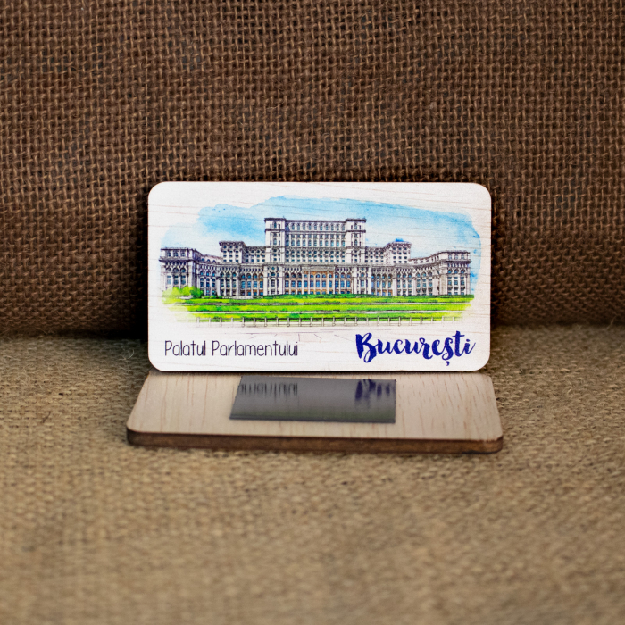 Magnet de frigider din lemn, acuarela, Palatul Parlamentului, Bucuresti [2]