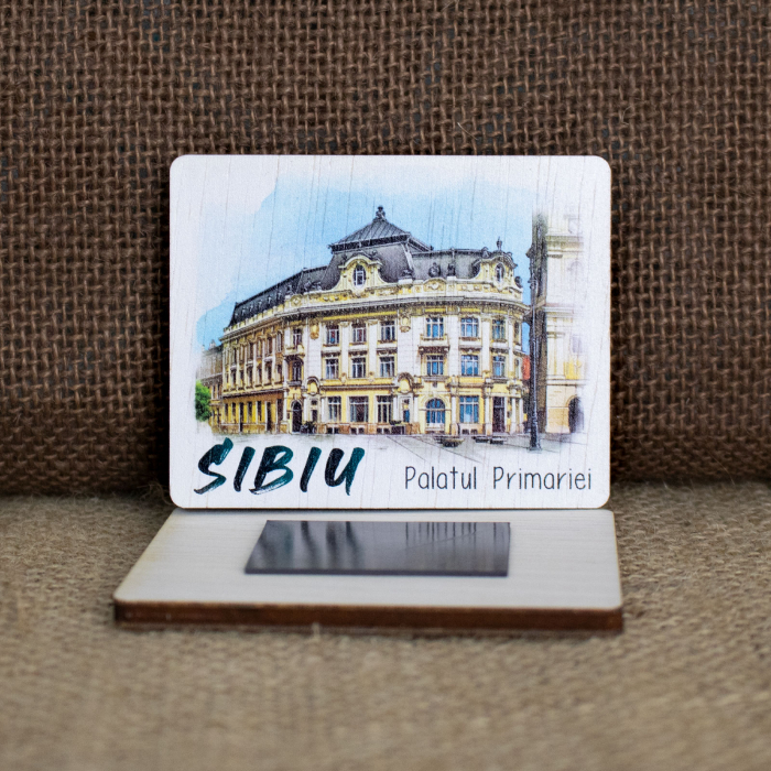 Magnet de frigider din lemn, acuarela, Palatul Primariei, Sibiu [2]