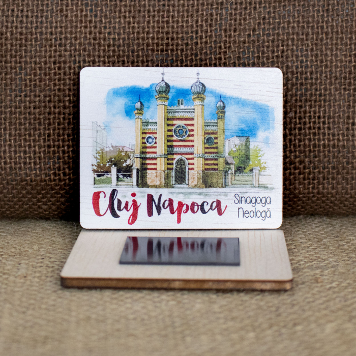 Magnet de frigider din lemn, acuarela, "Sinagoga Neologa" Cluj Napoca [2]