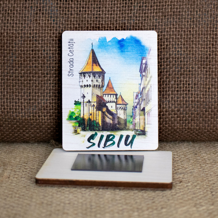 Magnet de frigider din lemn, acuarela, Strada Cetatii Sibiu [2]