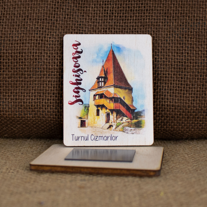 Magnet de frigider din lemn, acuarela, "Turnul Cizmarilor, Sighisoara" [2]