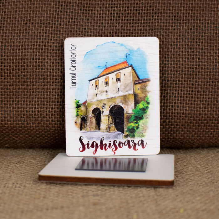 Magnet de frigider din lemn, acuarela, "Turnul Croitorilor, Sighisoara" [2]