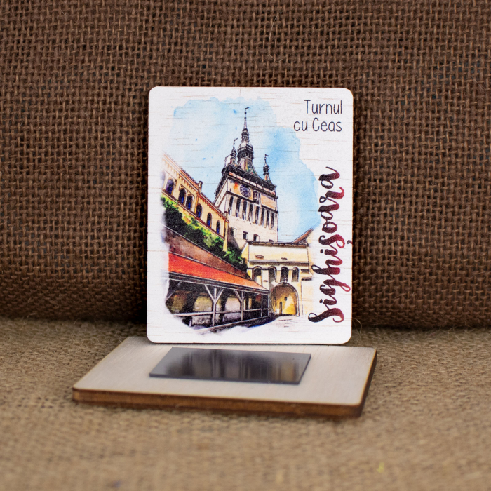 Magnet de frigider din lemn, acuarela, "Turnul cu Ceas, Sighisoara" [2]