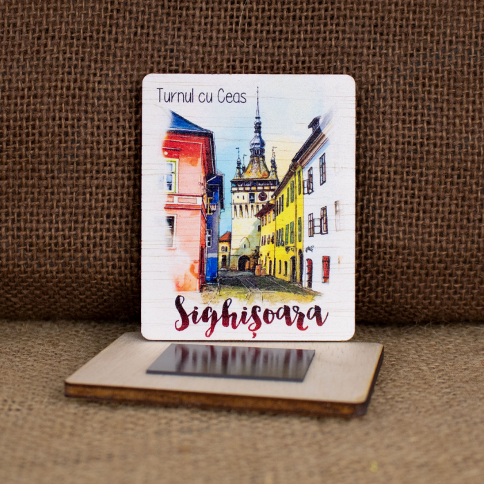 Magnet de frigider din lemn, acuarela, "Turnul cu Ceas, Sighisoara" [2]
