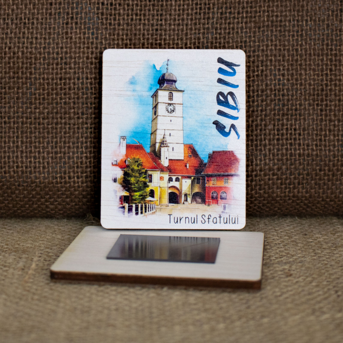 Magnet de frigider din lemn, acuarela, Turnul Sfatului Sibiu [2]