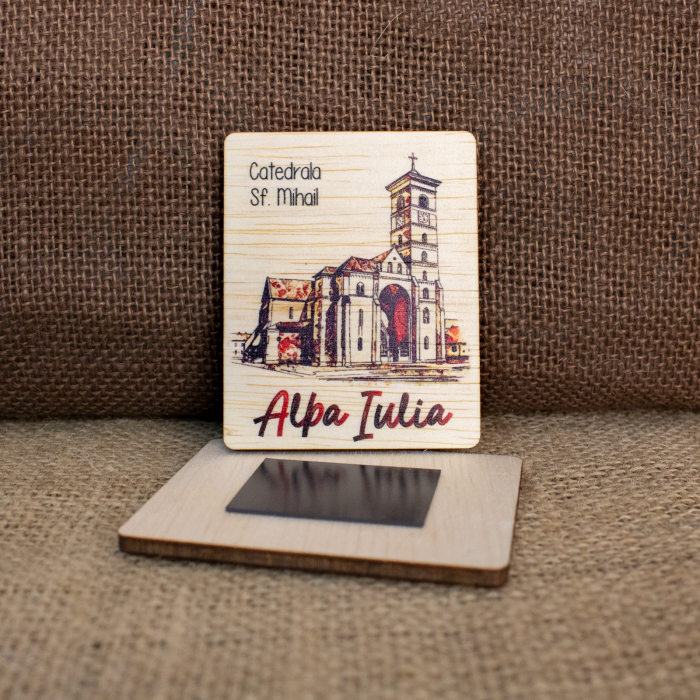 Magnet de frigider din lemn, acuarela vintage "Biserica Sfantul Mihail" Cetatea Alba Carolina, Alba Iulia [2]