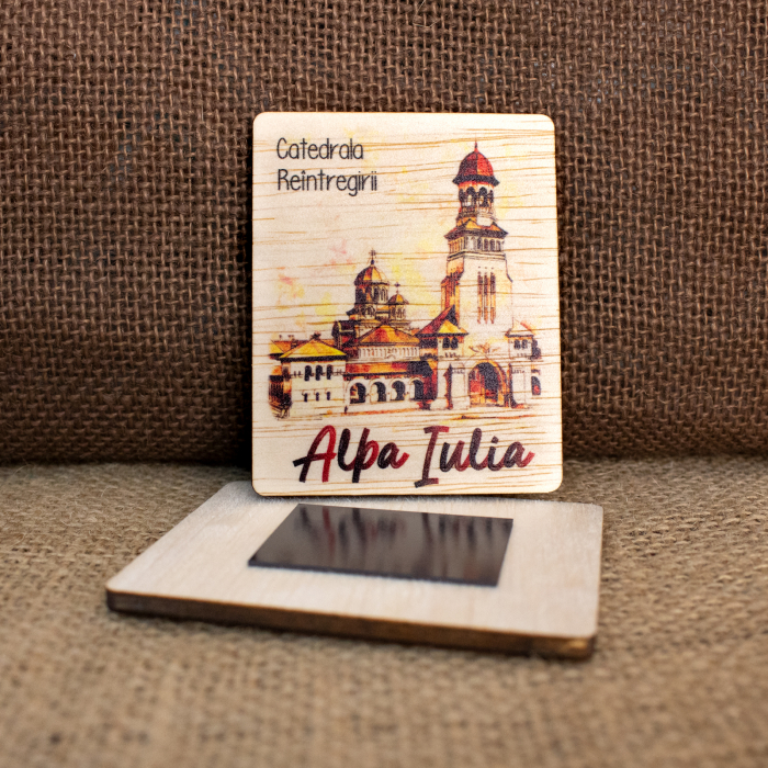 Magnet de frigider din lemn, acuarela vintage, Catedrala Reintregirii Neamului Alba Carolina, Alba Iulia [2]