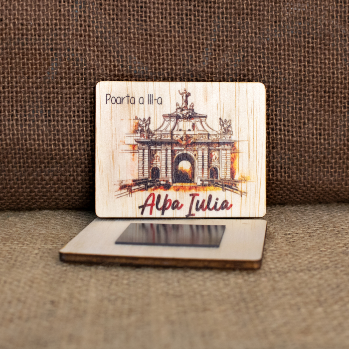 Magnet de frigider din lemn, acuarela vintage "Poarta a III-a" Cetatea Alba Carolina, Alba Iulia [2]
