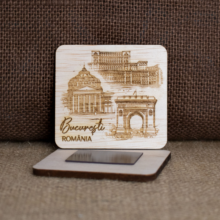 Magnet De Frigider Din Lemn, gravat, Bucuresti (Arcul de Triumf, Ateneul Roman, Palatul Parlamentului) [2]