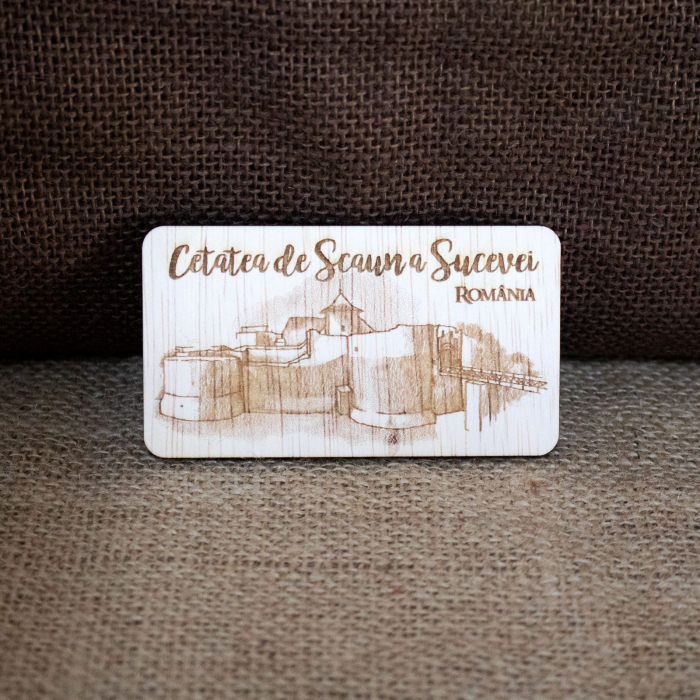 Magnet de frigider din lemn, gravat, Cetatea de Scaun a Sucevei [1]