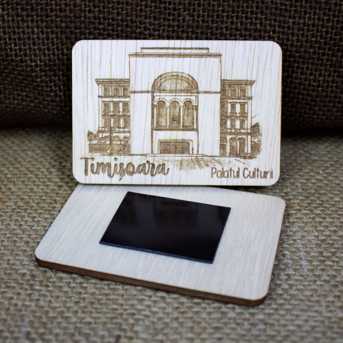 Magnet de frigider din lemn, gravat, "Palatul Culturii Timisoara (Cladirea Operei)" [2]