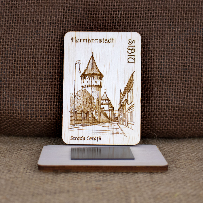 Magnet de frigider din lemn, gravat "Strada Cetatii" Sibiu [2]