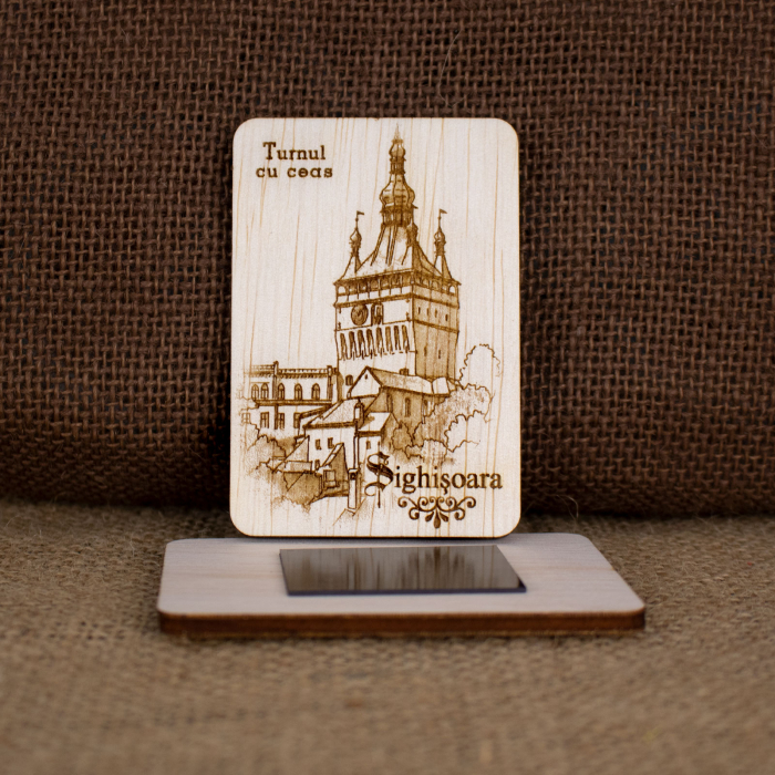 Magnet de frigider din lemn, gravat „Turnul cu Ceas” Sighisoara [2]