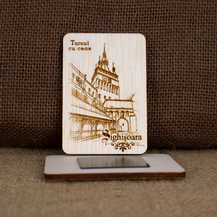 Magnet de frigider din lemn, gravat „Turnul cu Ceas” Sighisoara [2]