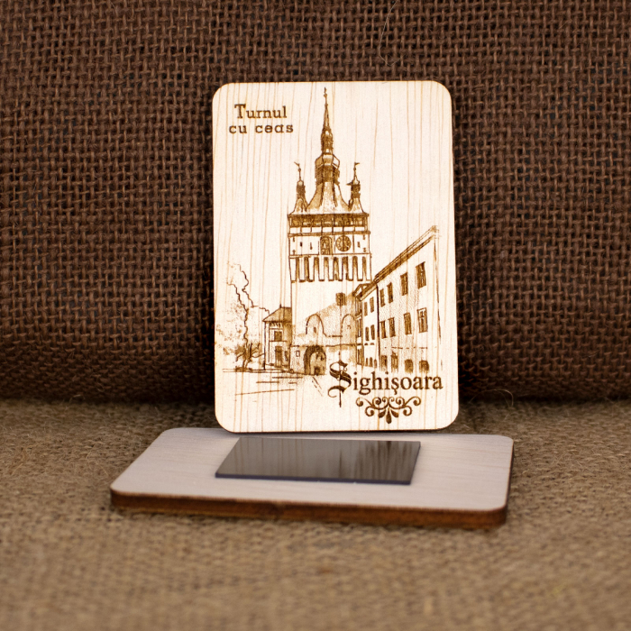 Magnet de frigider din lemn, gravat „Turnul cu Ceas” Sighisoara [2]