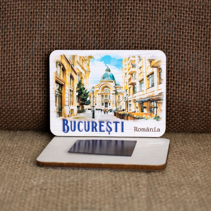 Magnet de frigider din lemn, acuarela, Palatul CEC Bucuresti (vedere din Centrul Vechi) [2]