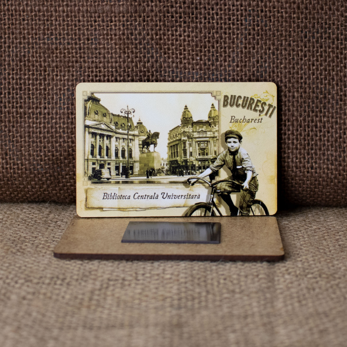 Magnet de frigider din lemn, vintage, Biblioteca Centrala Universitara, Calea Victoriei, Bucuresti [2]