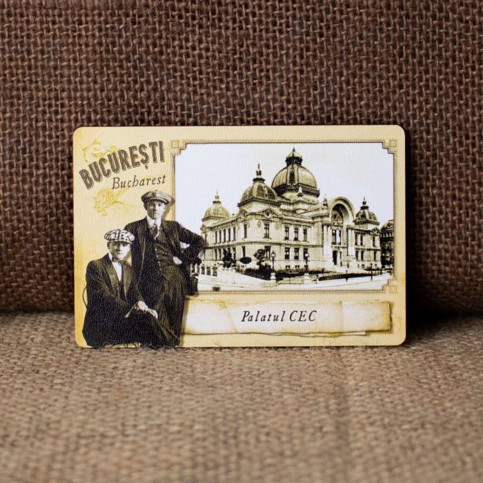 Magnet de frigider din lemn, vintage, Palatul CEC, Calea Victoriei, Bucuresti [1]
