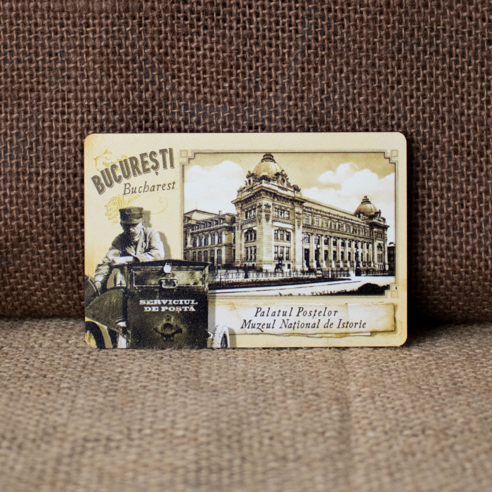 Magnet de frigider din lemn, vintage, Palatul Postelor, Calea Victoriei, Bucuresti [1]