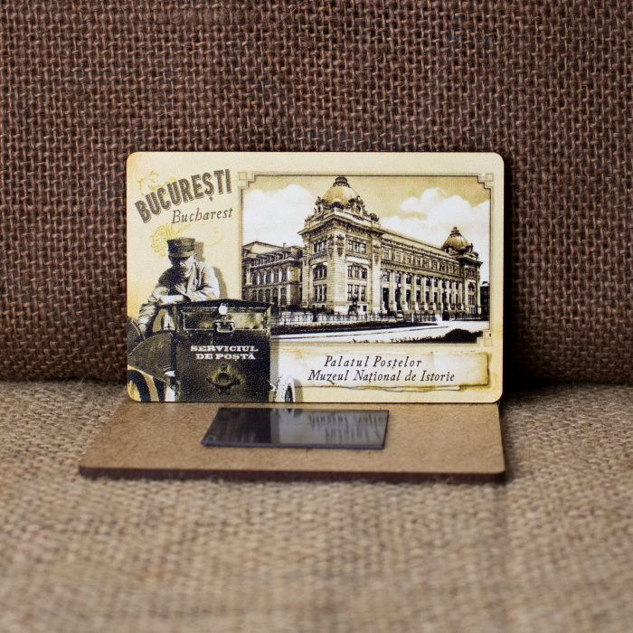 Magnet de frigider din lemn, vintage, Palatul Postelor, Calea Victoriei, Bucuresti [2]