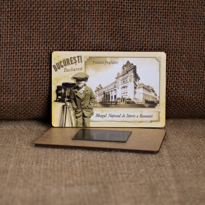 Magnet de frigider din lemn, vintage, Palatul Postelor, Calea Victoriei, Bucuresti [1]
