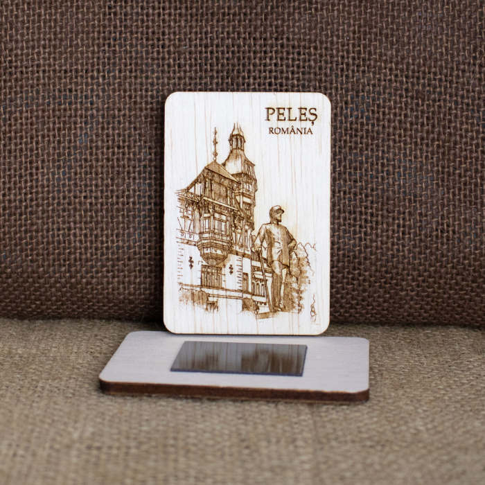 Magnet de frigider din lemn, gravat "Castelul Peles"Sinaia - Regele Carol I [2]