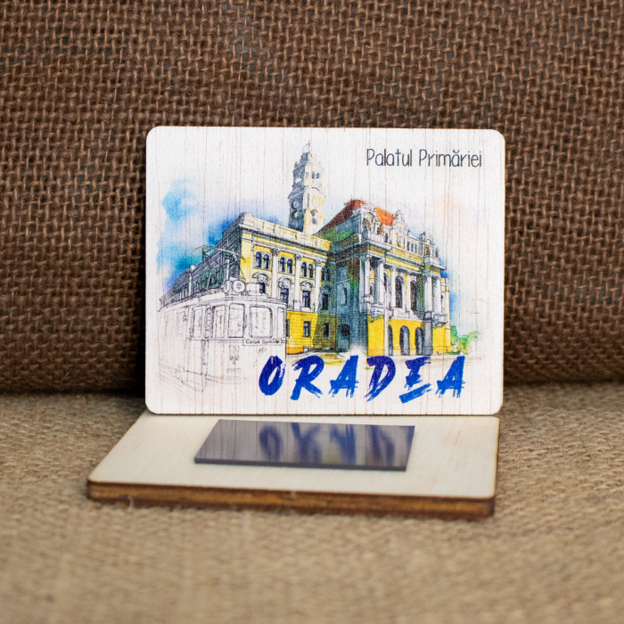 Magnet de frigider din lemn, acuarela, "Palatul Primariei" Oradea [2]
