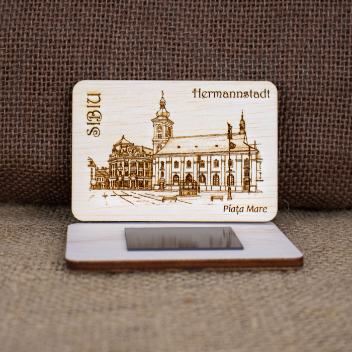 Magnet de frigider din lemn, gravat "Piata Mare" Sibiu [2]