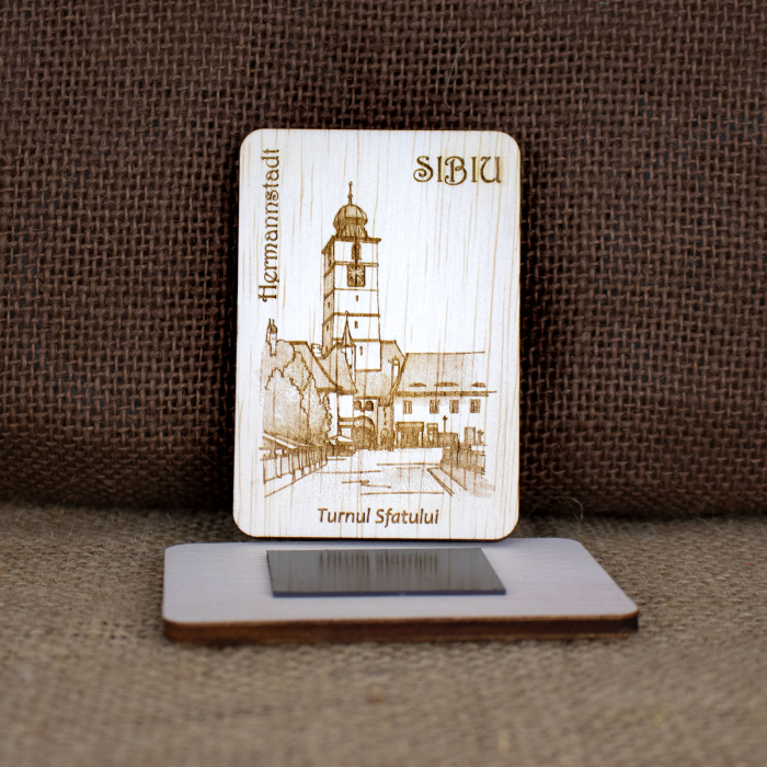 Magnet de frigider din lemn, gravat, "Turnul Sfatului" Sibiu [2]