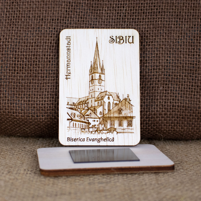 Magnet de frigider din lemn, gravat, "Biserica Evanghelica" Sibiu [2]