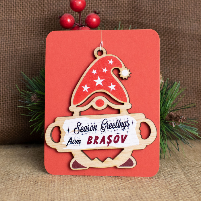 Glob de Craciun, suvenir, din lemn, acuarela, "Greetings from Brasov" [2]