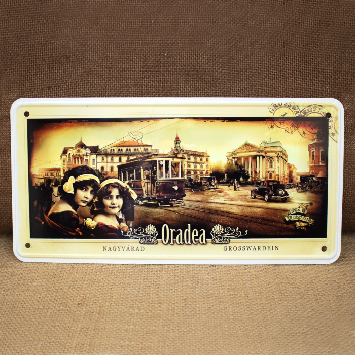 Tablou metalic decorativ suvenir, Belle Epoque Fete in fata Teatrului Regina Maria, Oradea [2]