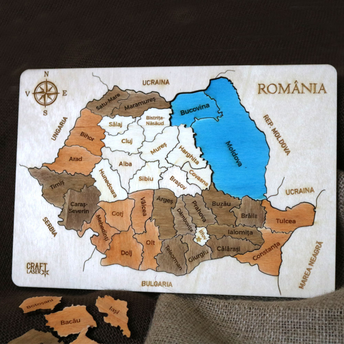 Puzzle Dublu Din Lemn, Gravat, Harta Romaniei Pe Judete Si Regiuni [8]