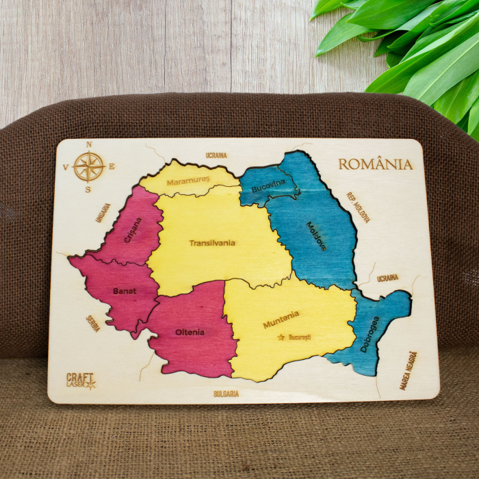 Puzzle Dublu Din Lemn, Gravat, Harta Romaniei Pe Judete Si Regiuni [2]