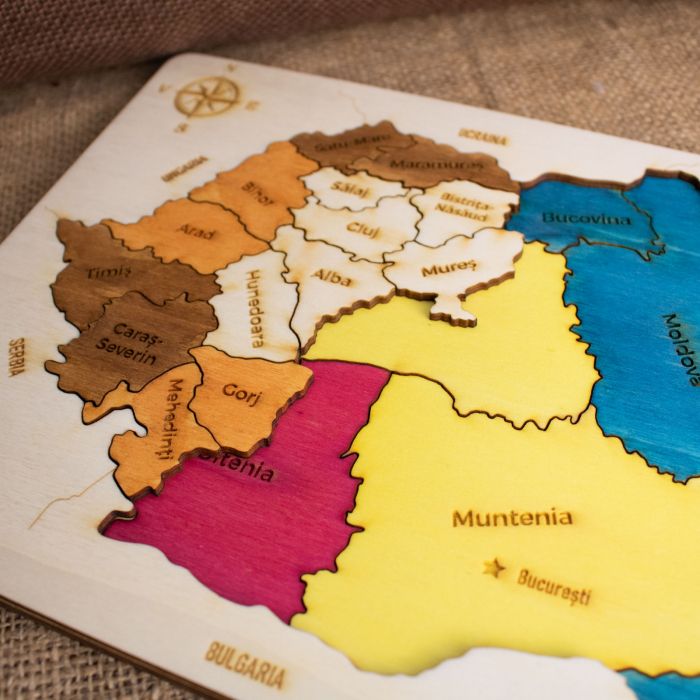 Puzzle Dublu Din Lemn, Gravat, Harta Romaniei Pe Judete Si Regiuni [4]