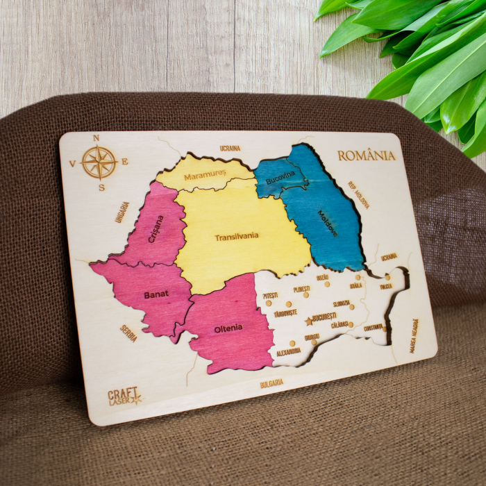 Puzzle Dublu Din Lemn, Gravat, Harta Romaniei Pe Judete Si Regiuni [6]