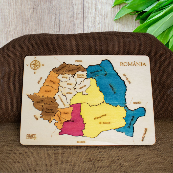 Puzzle Dublu Din Lemn, Gravat, Harta Romaniei Pe Judete Si Regiuni [7]