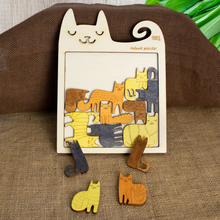Puzzle Educativ Din Lemn, Gravat “Aduna Pisicile” [2]