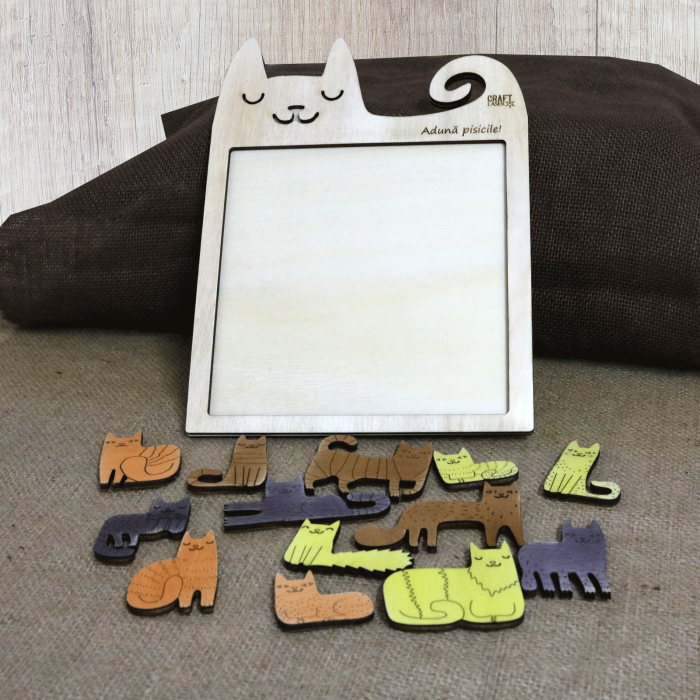 Puzzle Educativ Din Lemn, Gravat “Aduna Pisicile” [4]