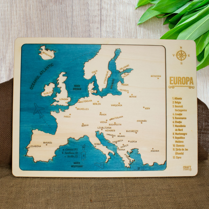 Puzzle Educativ Din Lemn, Gravat, Harta Europei Pe Tari Si Capitale [2]